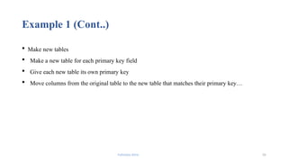 Fahmida Afrin 35
Example 1 (Cont..)
 Make new tables
 Make a new table for each primary key field
 Give each new table its own primary key
 Move columns from the original table to the new table that matches their primary key…
 