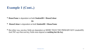 Fahmida Afrin 37
Example 1 (Cont..)
 HouseName is dependent on both StudentID + HouseColour
Or
 HouseColour is dependent on both StudentID + HouseName
 But either way, non-key fields are dependent on MORE THAN THE PRIMARY KEY (studentID).
And 3NF says that non-key fields must depend on nothing but the key
 