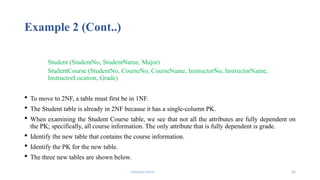 Fahmida Afrin 42
Example 2 (Cont..)
Student (StudentNo, StudentName, Major)
StudentCourse (StudentNo, CourseNo, CourseName, InstructorNo, InstructorName,
InstructorLocation, Grade)
 To move to 2NF, a table must first be in 1NF.
 The Student table is already in 2NF because it has a single-column PK.
 When examining the Student Course table, we see that not all the attributes are fully dependent on
the PK; specifically, all course information. The only attribute that is fully dependent is grade.
 Identify the new table that contains the course information.
 Identify the PK for the new table.
 The three new tables are shown below.
 