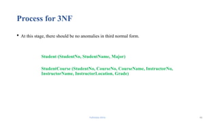 Fahmida Afrin 46
Process for 3NF
 At this stage, there should be no anomalies in third normal form.
Student (StudentNo, StudentName, Major)
StudentCourse (StudentNo, CourseNo, CourseName, InstructorNo,
InstructorName, InstructorLocation, Grade)
 
