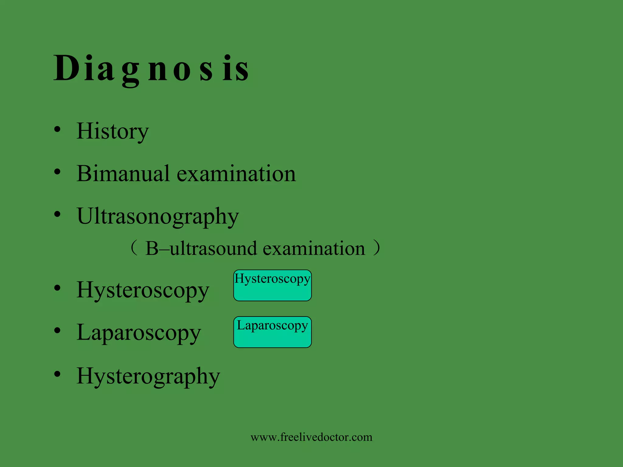 Diagnosis History Bimanual examination Ultrasonography （ B–ultrasound examination ） Hysteroscopy Laparoscopy Hysterography Hysteroscopy Laparoscopy www.freelivedoctor.com 