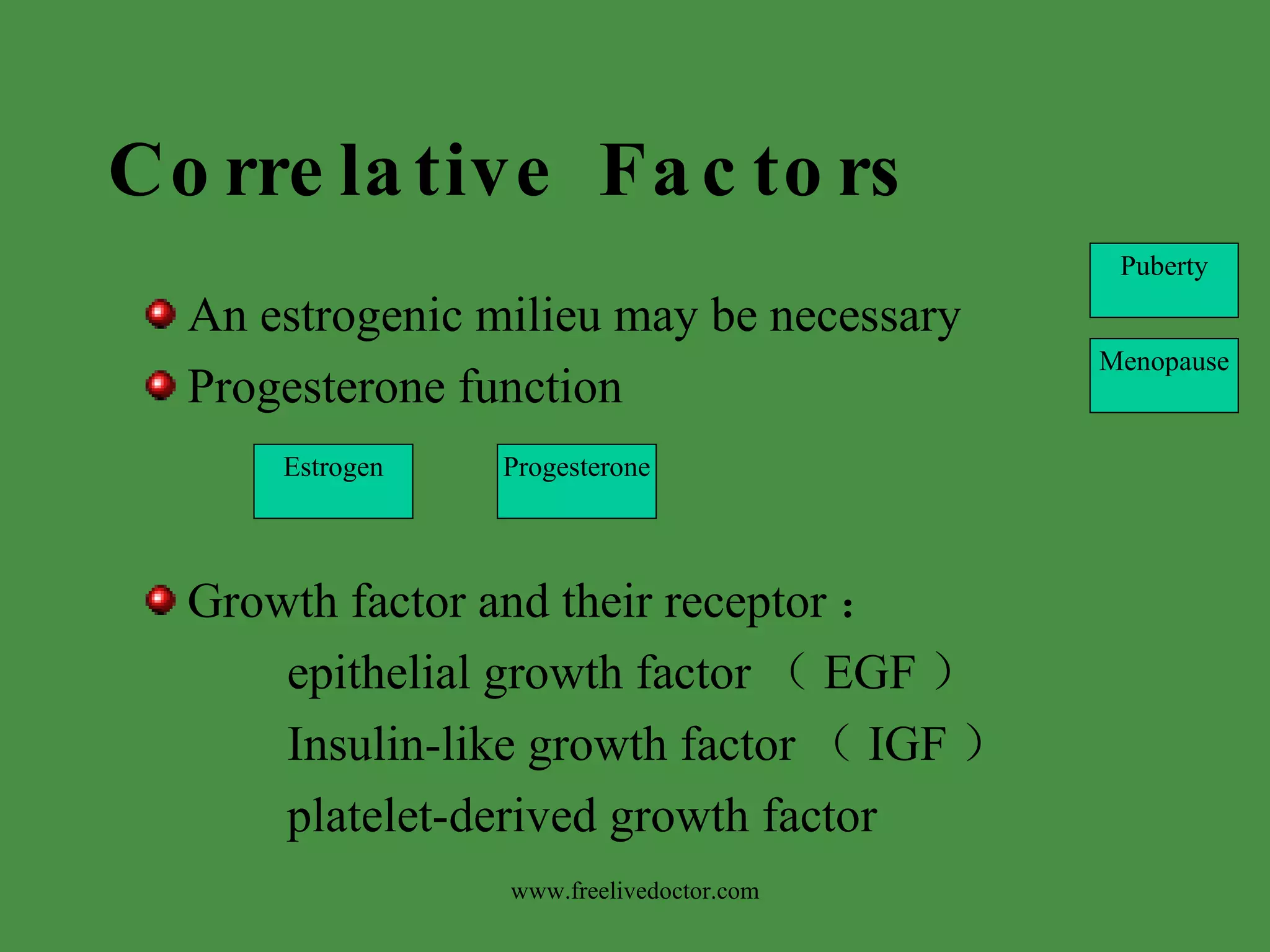 Correlative Factors An estrogenic milieu may be necessary Progesterone function Growth factor and their receptor ： epithelial growth factor （ EGF ） Insulin-like growth factor （ IGF ） platelet-derived growth factor Puberty Menopause Estrogen Progesterone www.freelivedoctor.com 