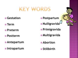  Gestation
 Term
 Preterm
 Postterm
 Antepartum
 Intrapartum
 Postpartum
 Nulligravida
 Primigravida
 Multigravida
 Abortion
 Stillbirth
 
