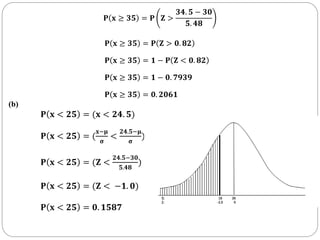 𝐏 𝐱 ≥ 𝟑𝟓 = 𝐏 𝐙 >
𝟑𝟒. 𝟓 − 𝟑𝟎
𝟓. 𝟒𝟖
𝐏 𝐱 ≥ 𝟑𝟓 = 𝐏 𝐙 > 𝟎. 𝟖𝟐
𝐏 𝐱 ≥ 𝟑𝟓 = 𝟏 − 𝐏 𝐙 < 𝟎. 𝟖𝟐
𝐏 𝐱 ≥ 𝟑𝟓 = 𝟏 − 𝟎. 𝟕𝟗𝟑𝟗
𝐏 𝐱 ≥ 𝟑𝟓 = 𝟎. 𝟐𝟎𝟔𝟏
(b)
𝐏 𝐱 < 𝟐𝟓 = (𝐱 < 𝟐𝟒. 𝟓)
𝐏 𝐱 < 𝟐𝟓 = (
𝐱−𝛍
𝛔
<
𝟐𝟒.𝟓−𝛍
𝛔
)
𝐏 𝐱 < 𝟐𝟓 = (𝐙 <
𝟐𝟒.𝟓−𝟑𝟎
𝟓.𝟒𝟖
)
𝐏 𝐱 < 𝟐𝟓 = (𝐙 < −𝟏. 𝟎)
𝐏 𝐱 < 𝟐𝟓 = 𝟎. 𝟏𝟓𝟖𝟕
 