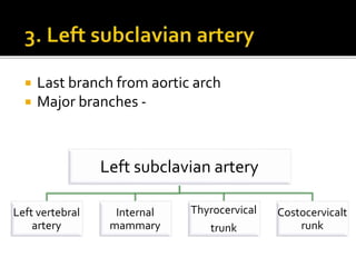  Last branch from aortic arch
 Major branches -
Left subclavian artery
Left vertebral
artery
Internal
mammary
Thyrocervical
trunk
Costocervicalt
runk
 