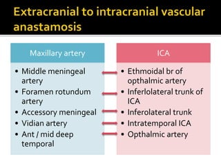 Maxillary artery
• Middle meningeal
artery
• Foramen rotundum
artery
• Accessory meningeal
• Vidian artery
• Ant / mid deep
temporal
ICA
• Ethmoidal br of
opthalmic artery
• Inferlolateral trunk of
ICA
• Inferolateral trunk
• Intratemporal ICA
• Opthalmic artery
 