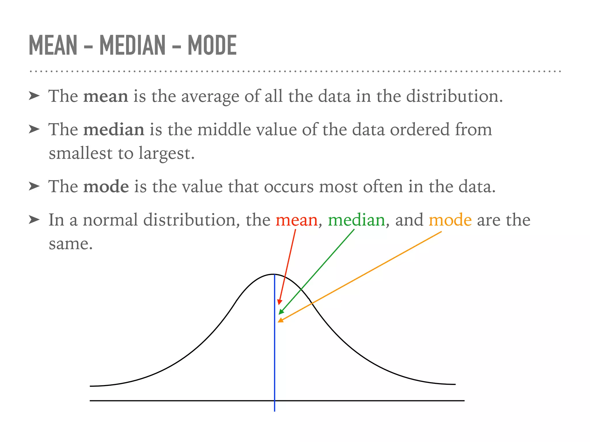 ➤ The mean is the average of all the data in the distribution.
➤ The median is the middle value of the data ordered from
smallest to largest.
➤ The mode is the value that occurs most often in the data.
➤ In a normal distribution, the mean, median, and mode are the
same.
MEAN - MEDIAN - MODE
 