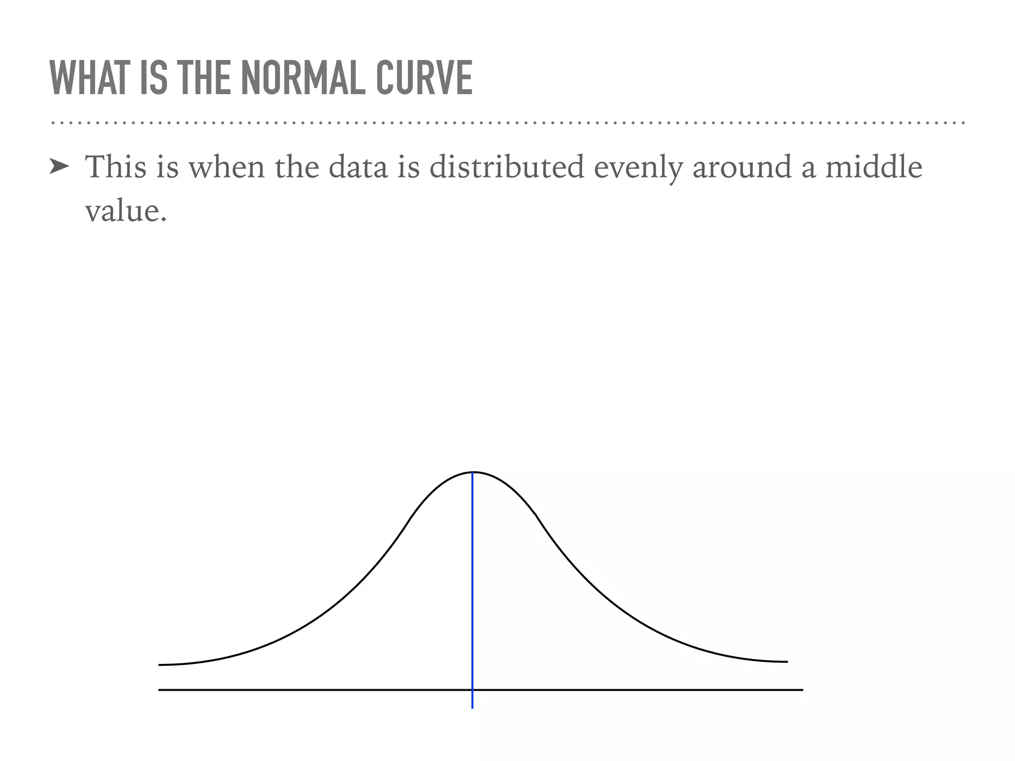WHAT IS THE NORMAL CURVE
➤ This is when the data is distributed evenly around a middle
value.
 