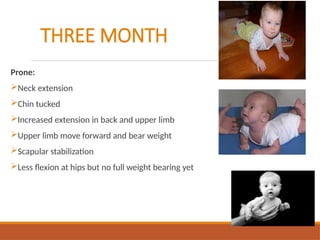 THREE MONTH
Prone:
Neck extension
Chin tucked
Increased extension in back and upper limb
Upper limb move forward and bear weight
Scapular stabilization
Less flexion at hips but no full weight bearing yet
 