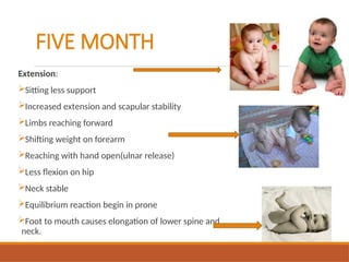 FIVE MONTH
Extension:
Sitting less support
Increased extension and scapular stability
Limbs reaching forward
Shifting weight on forearm
Reaching with hand open(ulnar release)
Less flexion on hip
Neck stable
Equilibrium reaction begin in prone
Foot to mouth causes elongation of lower spine and
neck.
 