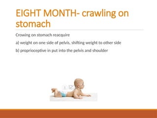EIGHT MONTH- crawling on
stomach
Crowing on stomach reacquire
a) weight on one side of pelvis, shifting weight to other side
b) proprioceptive in put into the pelvis and shoulder
 