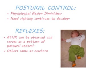 POSTURAL CONTROL: 
• Physiological flexion Diminishes. 
• Head righting continues to develop. 
REFLEXES: 
• ATNR can be observed and 
serves as a pattern of 
postural control. 
• Others same as newborn 
 