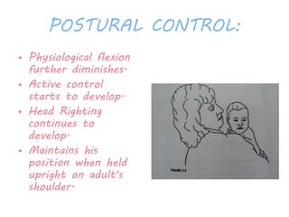 POSTURAL CONTROL: 
• Physiological flexion 
further diminishes. 
• Active control 
starts to develop. 
• Head Righting 
continues to 
develop. 
• Maintains his 
position when held 
upright on adult's 
shoulder. 
 