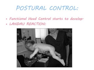 POSTURAL CONTROL: 
• Functional Head Control starts to develop. 
• LANDAU REACTION: 
 