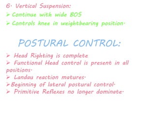 6. Vertical Suspension: 
 Continue with wide BOS 
 Controls knee in weightbearing position. 
POSTURAL CONTROL: 
 Head Righting is complete 
 Functional Head control is present in all 
positions. 
 Landau reaction matures. 
Beginning of lateral postural control. 
 Primitive Reflexes no longer dominate. 
 