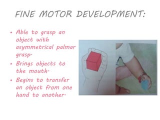 FINE MOTOR DEVELOPMENT: 
• Able to grasp an 
object with 
asymmetrical palmar 
grasp. 
• Brings objects to 
the mouth. 
• Begins to transfer 
an object from one 
hand to another. 
 