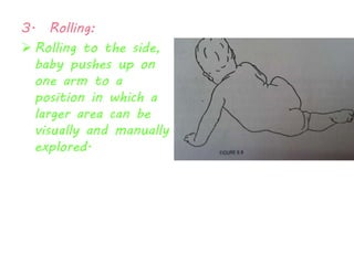 3. Rolling: 
 Rolling to the side, 
baby pushes up on 
one arm to a 
position in which a 
larger area can be 
visually and manually 
explored. 
 
