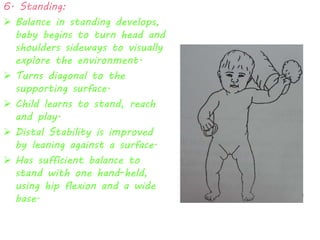 6. Standing: 
 Balance in standing develops, 
baby begins to turn head and 
shoulders sideways to visually 
explore the environment. 
 Turns diagonal to the 
supporting surface. 
 Child learns to stand, reach 
and play. 
 Distal Stability is improved 
by leaning against a surface. 
 Has sufficient balance to 
stand with one hand-held, 
using hip flexion and a wide 
base. 
 