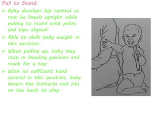 Pull to Stand: 
 Baby develops hip control so 
now he kneels upright while 
pulling to stand with pelvis 
and hips aligned. 
 Able to shift body weight in 
this position. 
 When pulling up, baby may 
stop in kneeling position and 
reach for a toy. 
 With no sufficient hand 
control in this position, baby 
lowers the buttocks and sits 
on the heels to play. 
 