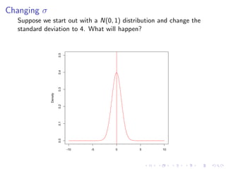 Changing σ
  Suppose we start out with a N(0, 1) distribution and change the
  standard deviation to 4. What will happen?



                       0.5
                       0.4
                       0.3
             Density

                       0.2
                       0.1
                       0.0




                             -10   -5   0   5      10
 