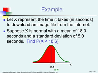 Statistics for Managers Using Microsoft Excel® 7e Copyright ©2014 Pearson Education, Inc. Chap 6-16
Example
 Let X represent the time it takes (in seconds)
to download an image file from the internet.
 Suppose X is normal with a mean of 18.0
seconds and a standard deviation of 5.0
seconds. Find P(X < 18.6)
18.6
X
18.0
 