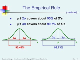 Statistics for Managers Using Microsoft Excel® 7e Copyright ©2014 Pearson Education, Inc. Chap 6-24
The Empirical Rule
 μ ± 2σ covers about 95% of X’s
 μ ± 3σ covers about 99.7% of X’s
x
μ
2σ 2σ
x
μ
3σ 3σ
95.44% 99.73%
(continued)
 