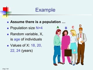 Chap 7-36
Example
 Assume there is a population …
 Population size N=4
 Random variable, X,
is age of individuals
 Values of X: 18, 20,
22, 24 (years)
A B C D
 