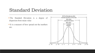 Standard Deviation
 The Standard Deviation is a degree of
dispersion from mean value
 It is a measure of how spread out the numbers
are.
 
