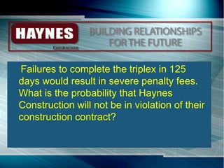Failures to complete the triplex in 125
days would result in severe penalty fees.
What is the probability that Haynes
Construction will not be in violation of their
construction contract?
 