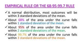 EMPIRICAL RULE OR THE 68-95-99.7 RULE
A normal distribution, most outcomes will be
within 3 standard deviations of the mean.
About 68% of the area under the curve falls
within 1 standard deviation of the mean.
About 95% of the area under the curve falls
within 2 standard deviations of the mean.
About 99.7% of the area under the curve falls
within 3 standard deviations of the mean.
 