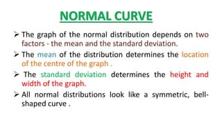 NORMAL CURVE
 The graph of the normal distribution depends on two
factors - the mean and the standard deviation.
 The mean of the distribution determines the location
of the centre of the graph .
 The standard deviation determines the height and
width of the graph.
 All normal distributions look like a symmetric, bell-
shaped curve .
 