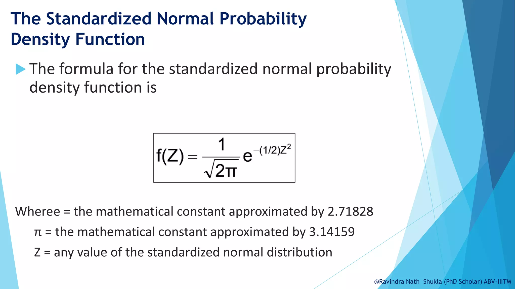 The Standardized Normal Probability
Density Function
 The formula for the standardized normal probability
density function is
Wheree = the mathematical constant approximated by 2.71828
π = the mathematical constant approximated by 3.14159
Z = any value of the standardized normal distribution
@Ravindra Nath Shukla (PhD Scholar) ABV-IIITM
 