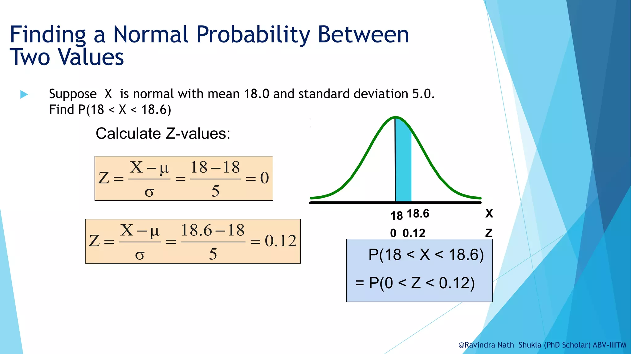 Finding a Normal Probability Between
Two Values
 Suppose X is normal with mean 18.0 and standard deviation 5.0.
Find P(18 < X < 18.6)
P(18 < X < 18.6)
= P(0 < Z < 0.12)
Z
0.12
0
X
18.6
18
0
5
8
1
18
σ
μ
X
Z 




0.12
5
8
1
18.6
σ
μ
X
Z 




Calculate Z-values:
@Ravindra Nath Shukla (PhD Scholar) ABV-IIITM
 