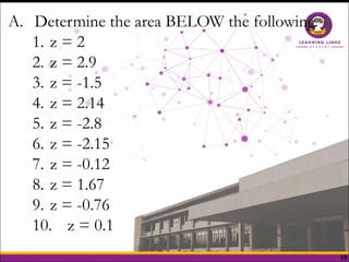 10
A. Determine the area BELOW the following.
1. z = 2
2. z = 2.9
3. z = -1.5
4. z = 2.14
5. z = -2.8
6. z = -2.15
7. z = -0.12
8. z = 1.67
9. z = -0.76
10. z = 0.1
 