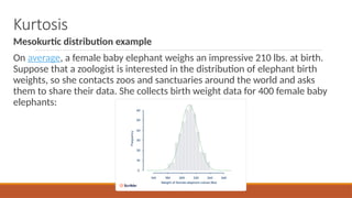 Kurtosis
Mesokurtic distribution example
On average, a female baby elephant weighs an impressive 210 lbs. at birth.
Suppose that a zoologist is interested in the distribution of elephant birth
weights, so she contacts zoos and sanctuaries around the world and asks
them to share their data. She collects birth weight data for 400 female baby
elephants:
 
