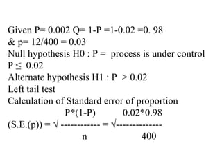 Given P= 0.002 Q= 1-P =1-0.02 =0. 98
& p= 12/400 = 0.03
Null hypothesis H0 : P = process is under control
P ≤ 0.02
Alternate hypothesis H1 : P > 0.02
Left tail test
Calculation of Standard error of proportion
P*(1-P) 0.02*0.98
(S.E.(p)) = √ ------------ = √--------------
n 400
 