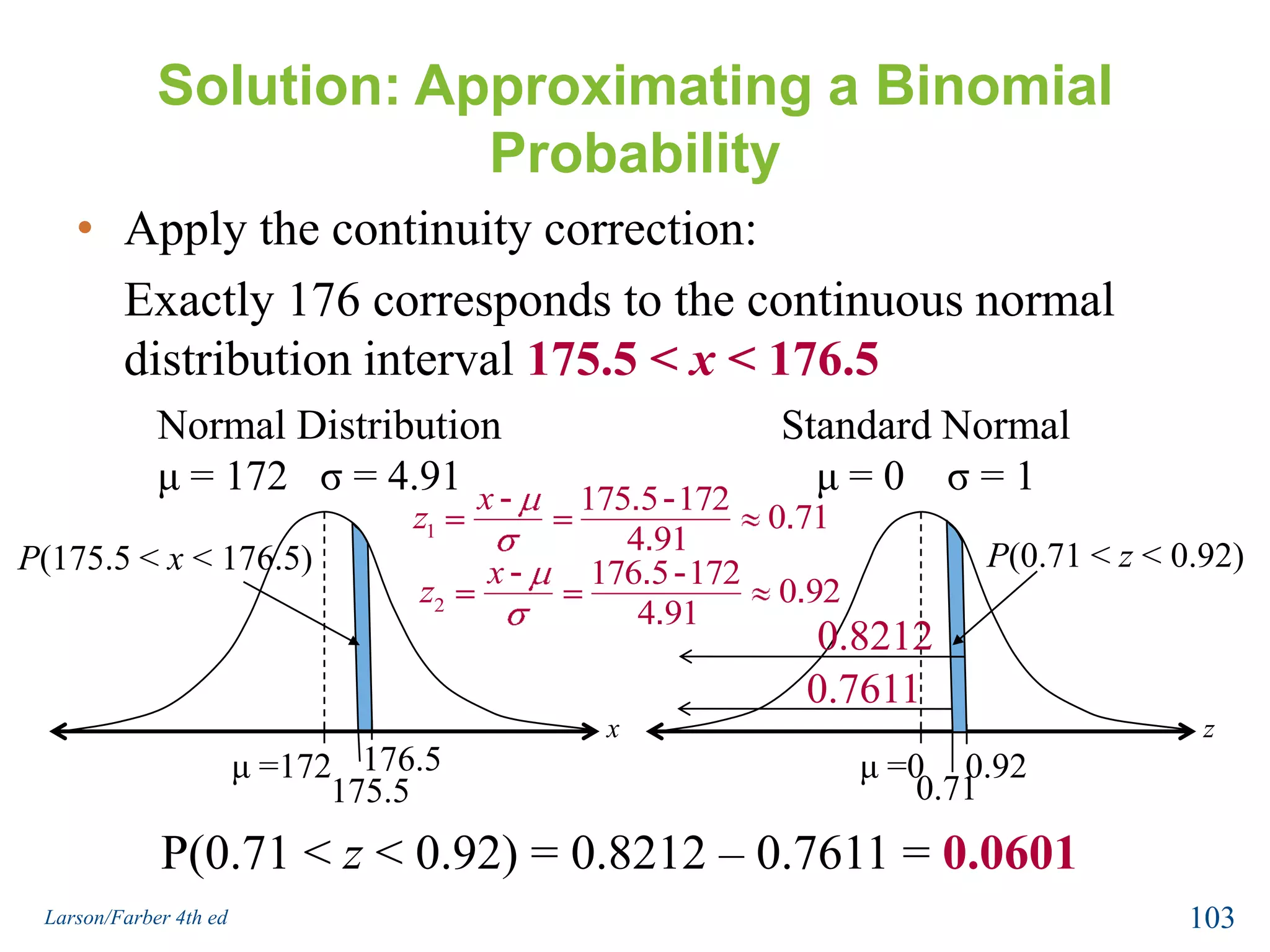 Using the Normal Distribution to Approximate Binomial Probabilities      In Words				           In SymbolsVerify that the binomial distribution applies.Determine if you can use the normal distribution to approximate x, the binomial          variable.Find the mean  and standard deviation for the distribution.Specify n, p, and q.Is np 5?Is nq 5?98Larson/Farber 4th ed