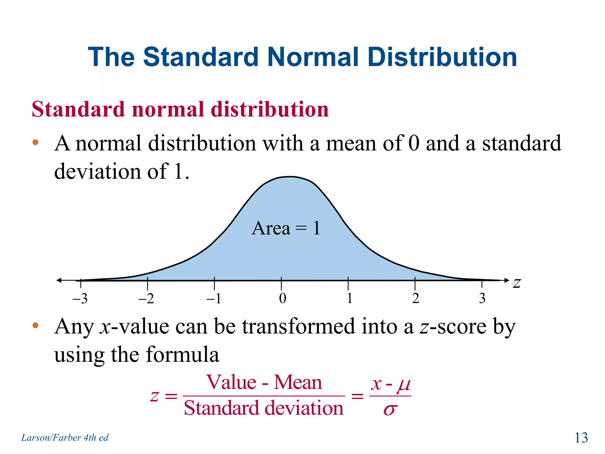 The Standard Normal Distributionz1023321Standard normal distributionA normal distribution with a mean of 0 and a standard deviation of 1.Area = 1Any x-value can be transformed into a z-score by using the formula 13Larson/Farber 4th ed