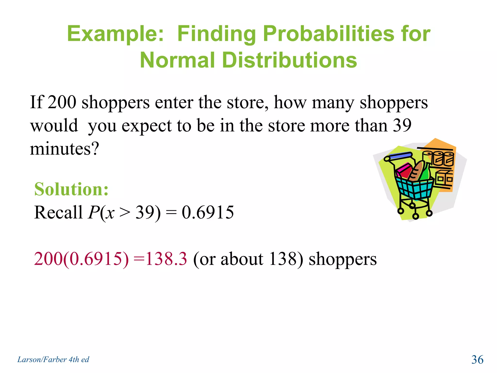 Example:  Finding Probabilities for Normal DistributionsIf 200 shoppers enter the store, how many shoppers would  you expect to be in the store more than 39 minutes?Solution:Recall P(x > 39) = 0.6915200(0.6915) =138.3 (or about 138) shoppers36Larson/Farber 4th ed