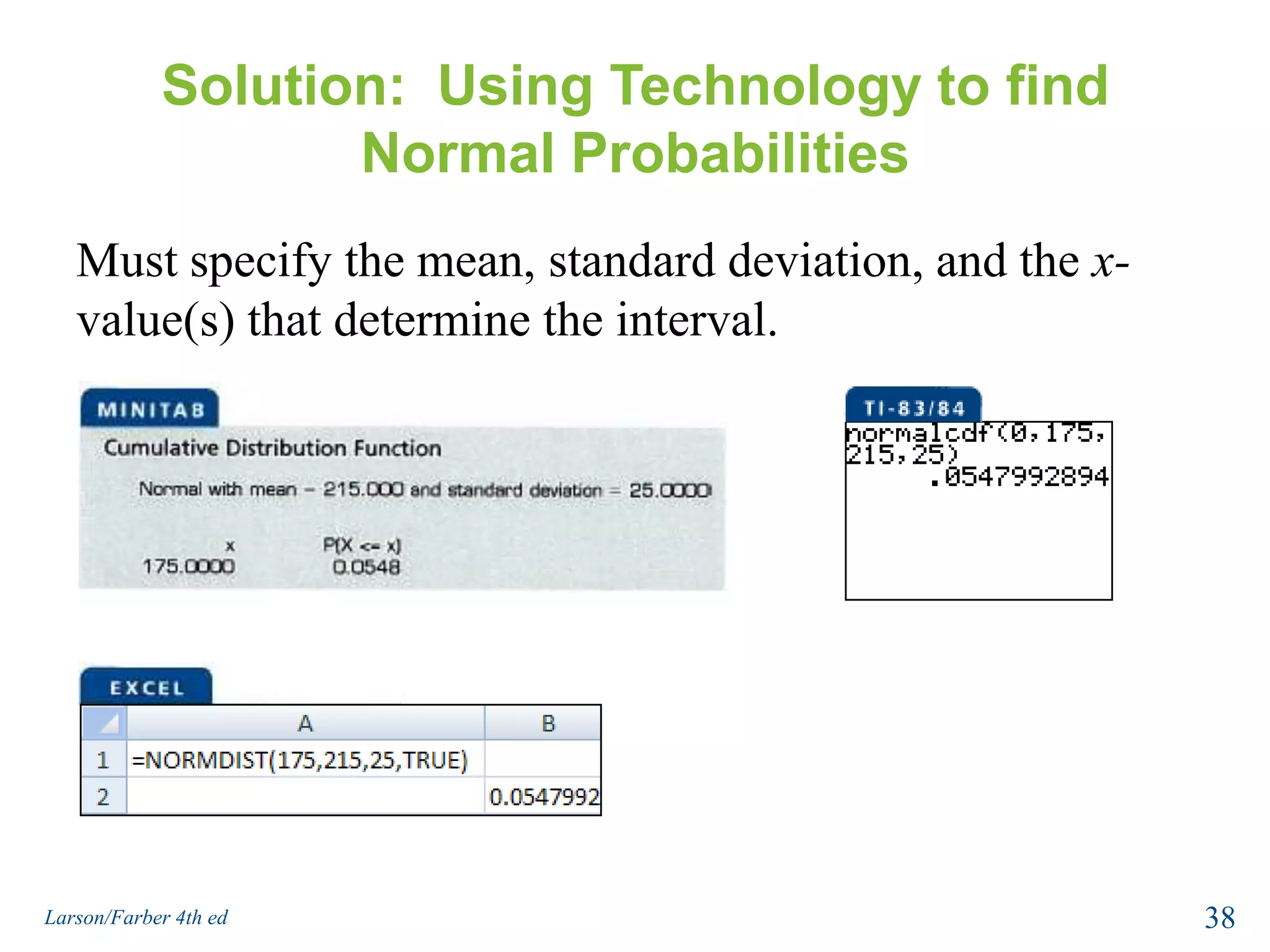 Solution:  Using Technology to find Normal ProbabilitiesMust specify the mean, standard deviation, and the x-value(s) that determine the interval.38Larson/Farber 4th ed