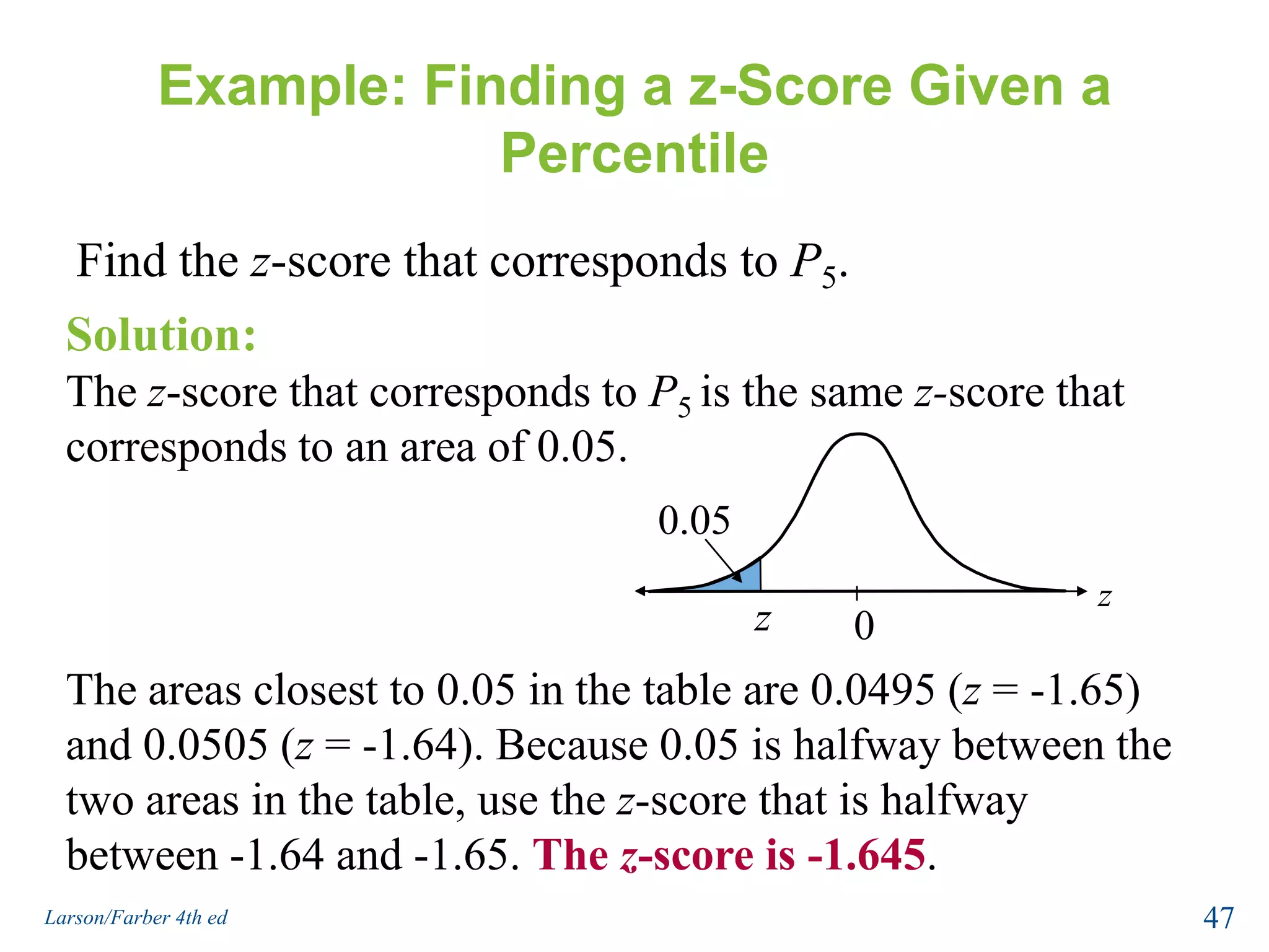 Example: Finding a z-Score Given a Percentile0.05zz 0Find the z-score that corresponds to P5.Solution:The z-score that corresponds to P5 is the same z-score that corresponds to an area of 0.05.The areas closest to 0.05 in the table are 0.0495 (z = -1.65) and 0.0505 (z = -1.64). Because 0.05 is halfway between the two areas in the table, use the z-score that is halfway between -1.64 and -1.65. The z-score is -1.645.47Larson/Farber 4th ed