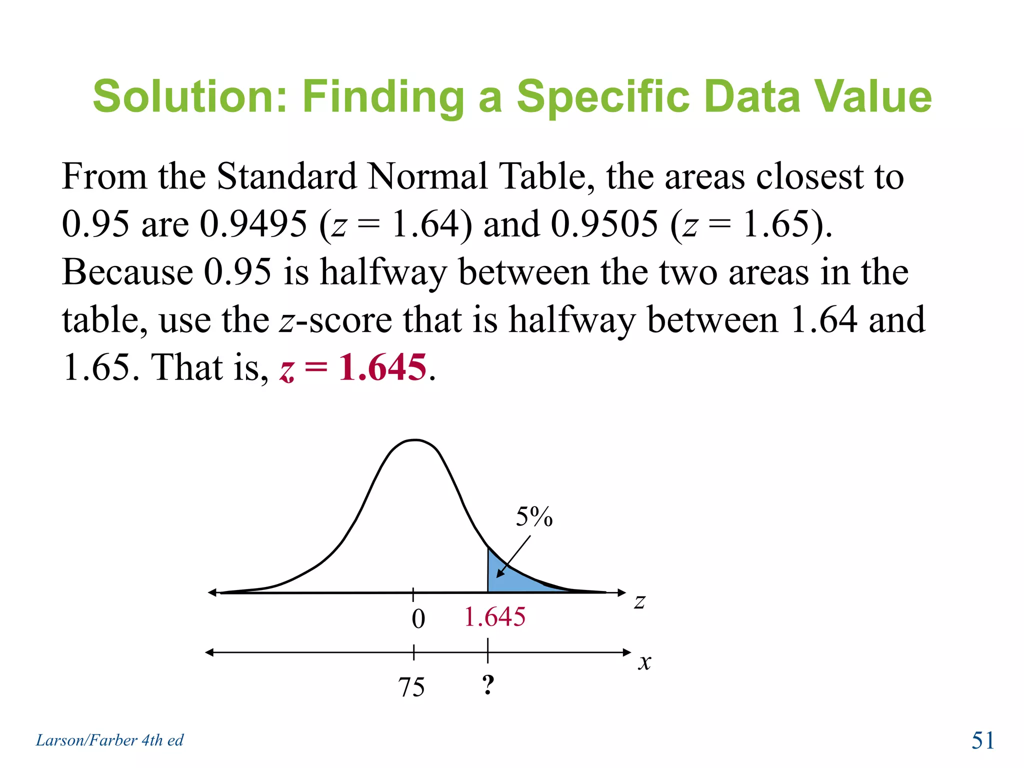z = 0:	x = 67 + 0(4) = 67 miles per hourNotice 74.84 mph is above the mean, 57.68 mph is below the mean, and 67 mph is equal to the mean.49Larson/Farber 4th ed