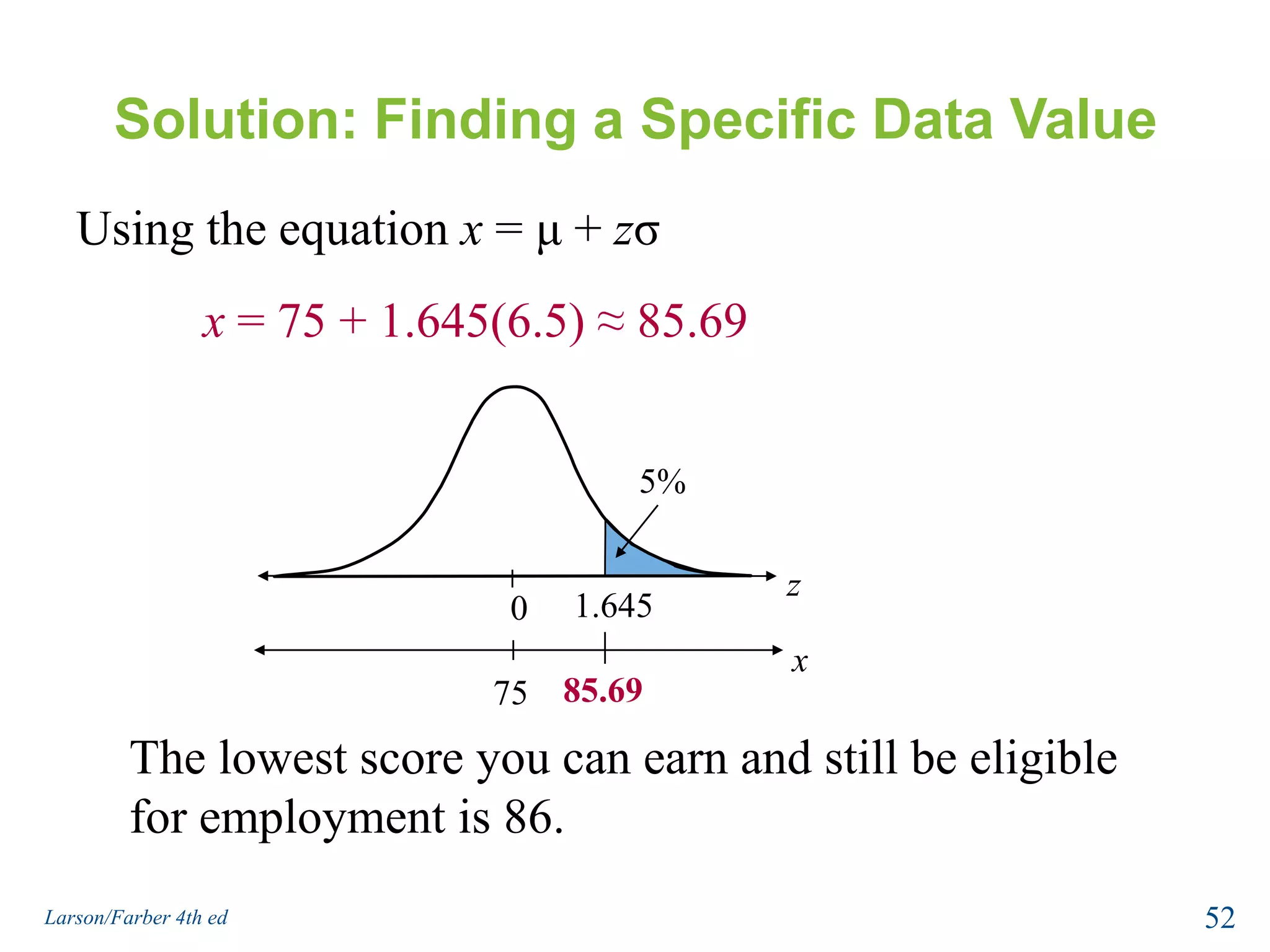 Example: Finding a Specific Data Value5%x?75Scores for a civil service exam are normally distributed, with a mean of 75 and a standard deviation of 6.5. To be eligible for civil service employment, you must score in the top 5%. What is the lowest score you can earn and still be eligible for employment?Solution:An exam score in the top 5% is any score above the 95th percentile.  Find the z-score that corresponds to a cumulative area of 0.95.1 – 0.05   = 0.95z? 050Larson/Farber 4th ed