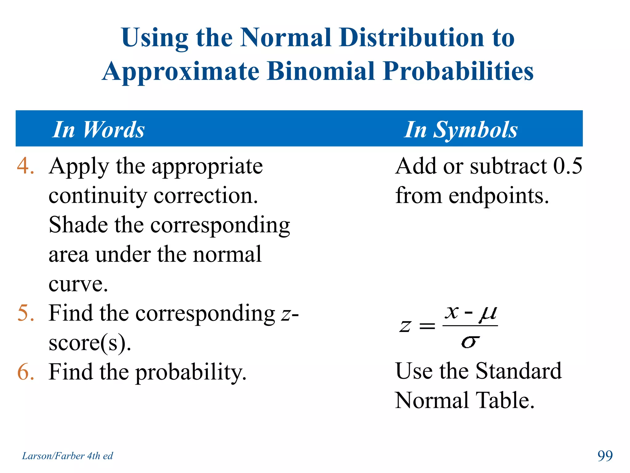 Example: Using a Correction for ContinuityUse a correction for continuity to convert the binomial intervals to a normal distribution interval.The probability of getting at least 158 successes.Solution:The discrete midpoint values are 158, 159, 160, …. 