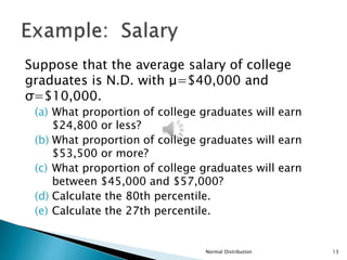 Suppose that the average salary of college
graduates is N.D. with μ=$40,000 and
σ=$10,000.
(a) What proportion of college graduates will earn
$24,800 or less?
(b) What proportion of college graduates will earn
$53,500 or more?
(c) What proportion of college graduates will earn
between $45,000 and $57,000?
(d) Calculate the 80th percentile.
(e) Calculate the 27th percentile.
Normal Distribution 13
 