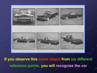 If you observe this same object from six different
reference points, you will recognize the car
 