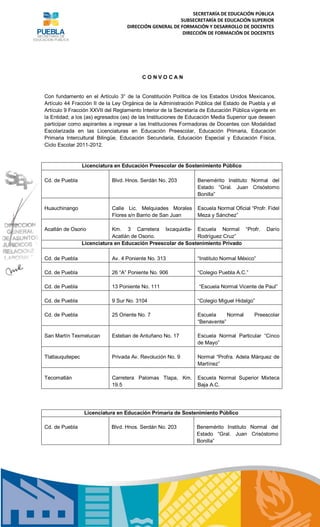 SECRETARÍA DE EDUCACIÓN PÚBLICA
                                                        SUBSECRETARÍA DE EDUCACIÓN SUPERIOR
                                   DIRECCIÓN GENERAL DE FORMACIÓN Y DESARROLLO DE DOCENTES
                                                         DIRECCIÓN DE FORMACIÓN DE DOCENTES




                                         CONVOCAN


Con fundamento en el Artículo 3° de la Constitución Política de los Estados Unidos Mexicanos,
Artículo 44 Fracción II de la Ley Orgánica de la Administración Pública del Estado de Puebla y el
Artículo 9 Fracción XXVII del Reglamento Interior de la Secretaría de Educación Pública vigente en
la Entidad; a los (as) egresados (as) de las Instituciones de Educación Media Superior que deseen
participar como aspirantes a ingresar a las Instituciones Formadoras de Docentes con Modalidad
Escolarizada en las Licenciaturas en Educación Preescolar, Educación Primaria, Educación
Primaria Intercultural Bilingüe, Educación Secundaria, Educación Especial y Educación Física,
Ciclo Escolar 2011-2012.


                  Licenciatura en Educación Preescolar de Sostenimiento Público

Cd. de Puebla                Blvd. Hnos. Serdán No. 203         Benemérito Instituto Normal del
                                                                Estado “Gral. Juan Crisóstomo
                                                                Bonilla”

Huauchinango                 Calle Lic. Melquiades Morales      Escuela Normal Oficial “Profr. Fidel
                             Flores s/n Barrio de San Juan      Meza y Sánchez”

Acatlán de Osorio             Km. 3 Carretera Ixcaquixtla- Escuela Normal “Profr.             Darío
                              Acatlán de Osorio.              Rodríguez Cruz”
                  Licenciatura en Educación Preescolar de Sostenimiento Privado

Cd. de Puebla                Av. 4 Poniente No. 313             “Instituto Normal México”

Cd. de Puebla                26 “A” Poniente No. 906            “Colegio Puebla A.C.”

Cd. de Puebla                13 Poniente No. 111                 “Escuela Normal Vicente de Paul”

Cd. de Puebla                9 Sur No. 3104                     “Colegio Miguel Hidalgo”

Cd. de Puebla                25 Oriente No. 7                   Escuela     Normal      Preescolar
                                                                “Benavente”

San Martín Texmelucan        Esteban de Antuñano No. 17         Escuela Normal Particular “Cinco
                                                                de Mayo”

Tlatlauquitepec              Privada Av. Revolución No. 9       Normal “Profra. Adela Márquez de
                                                                Martínez”

Tecomatlán                   Carretera Palomas Tlapa, Km.       Escuela Normal Superior Mixteca
                             19.5                               Baja A.C.




                  Licenciatura en Educación Primaria de Sostenimiento Público

Cd. de Puebla                Blvd. Hnos. Serdán No. 203         Benemérito Instituto Normal del
                                                                Estado “Gral. Juan Crisóstomo
                                                                Bonilla”
 