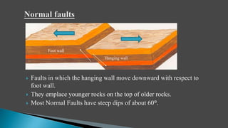  Faults in which the hanging wall move downward with respect to
foot wall.
 They emplace younger rocks on the top of older rocks.
 Most Normal Faults have steep dips of about 60°.
Hanging wall
Foot wall
 