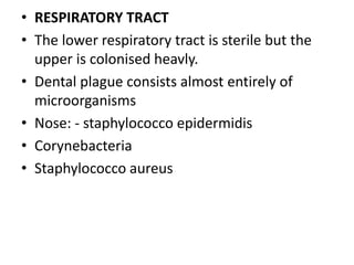 • RESPIRATORY TRACT
• The lower respiratory tract is sterile but the
upper is colonised heavly.
• Dental plague consists almost entirely of
microorganisms
• Nose: - staphylococco epidermidis
• Corynebacteria
• Staphylococco aureus
 