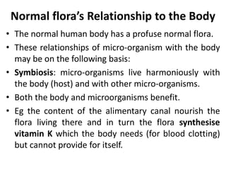 Normal flora’s Relationship to the Body
• The normal human body has a profuse normal flora.
• These relationships of micro-organism with the body
may be on the following basis:
• Symbiosis: micro-organisms live harmoniously with
the body (host) and with other micro-organisms.
• Both the body and microorganisms benefit.
• Eg the content of the alimentary canal nourish the
flora living there and in turn the flora synthesise
vitamin K which the body needs (for blood clotting)
but cannot provide for itself.
 